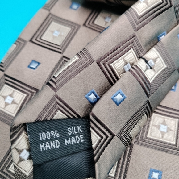 Insignia by Martin Wong Gold Bronze Silk Handmade Geometric Blue Accents Tie - Picture 4 of 9